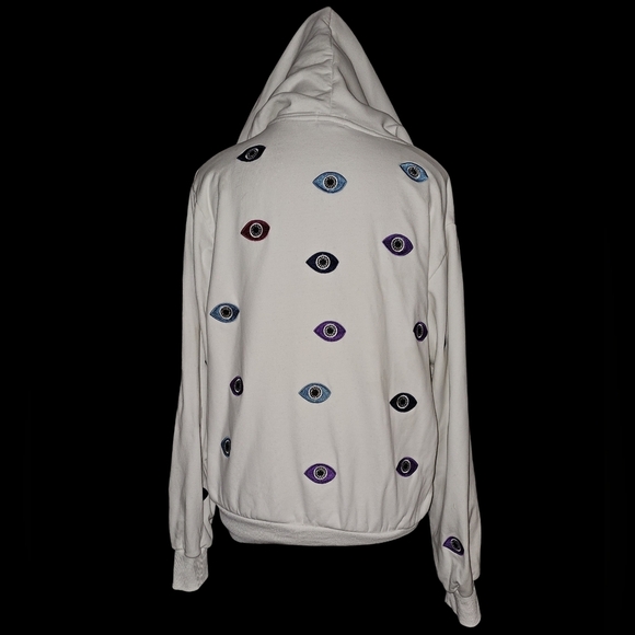 Lola + The Boys Evil Eye Hoodie Womens White Beaded Embroidered Zip Sz M - Picture 3 of 16
